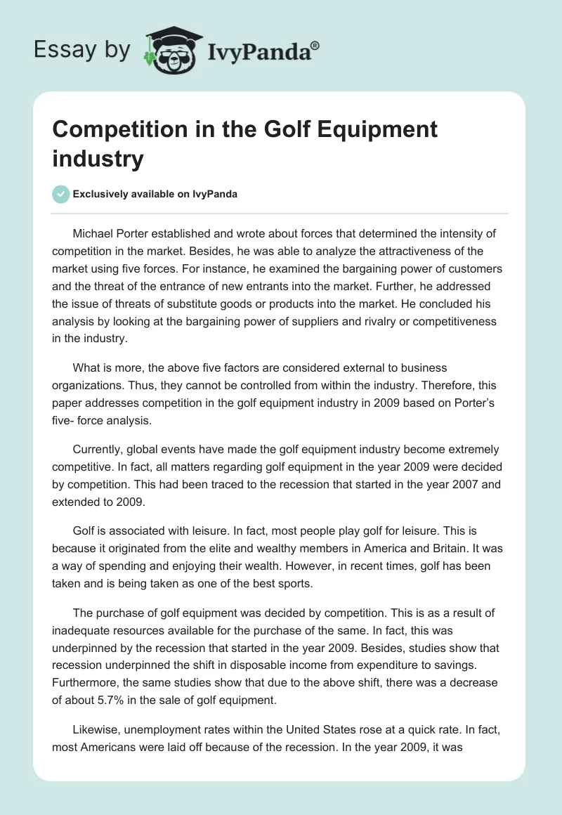 Competition in the Golf Equipment Industry. Page 1