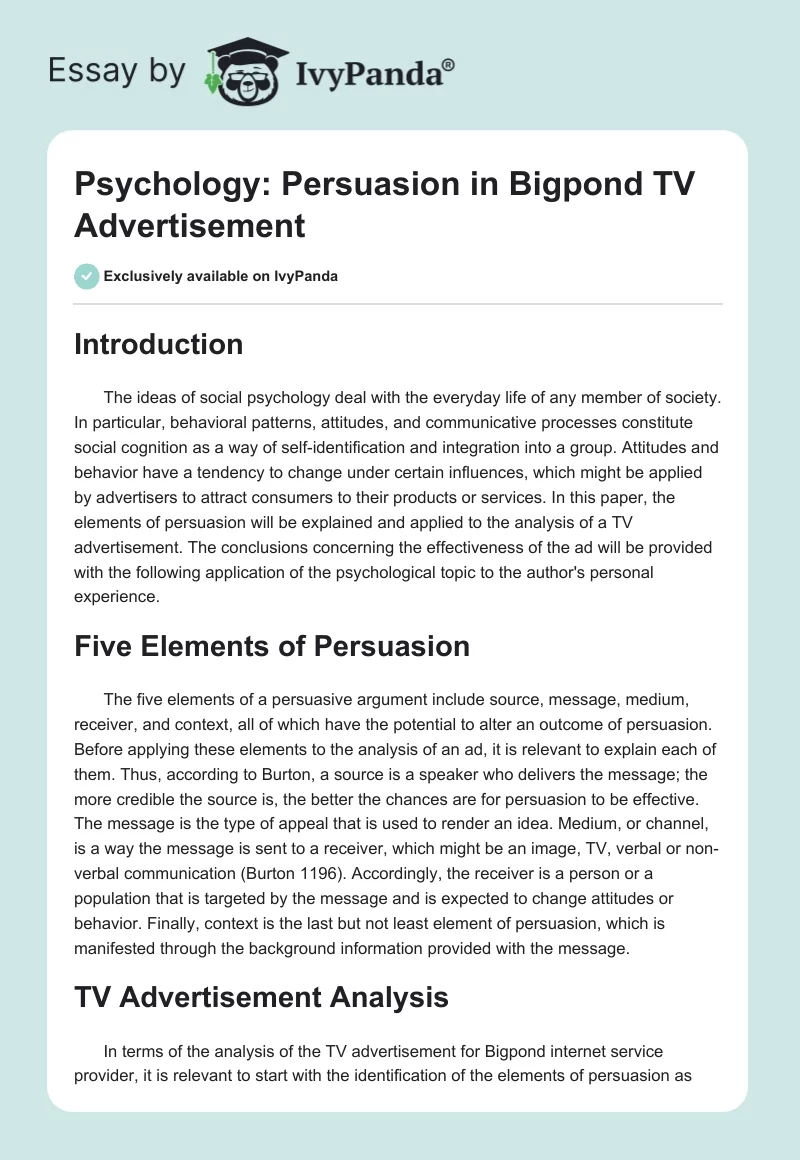 Psychology: Persuasion in Bigpond TV Advertisement. Page 1