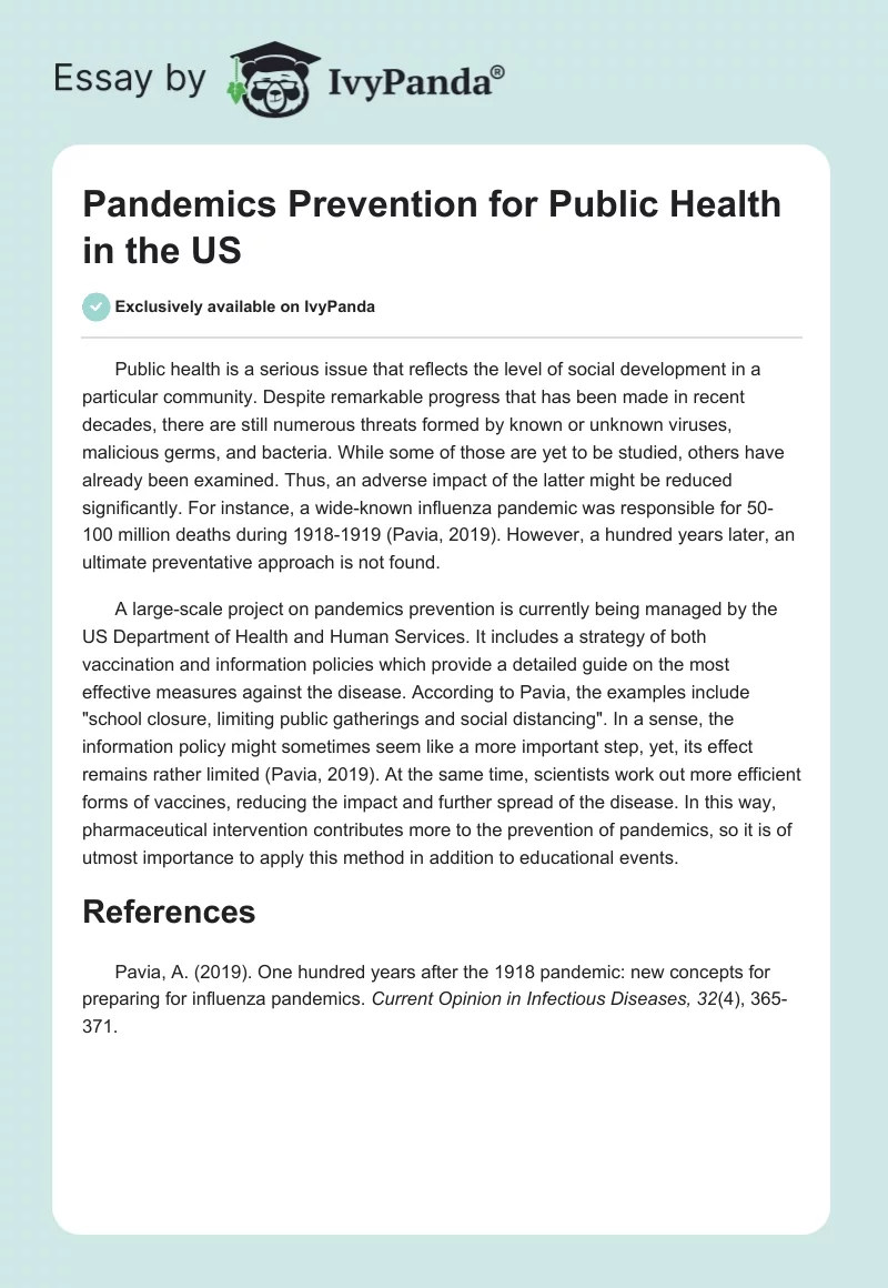Pandemics Prevention for Public Health in the US. Page 1