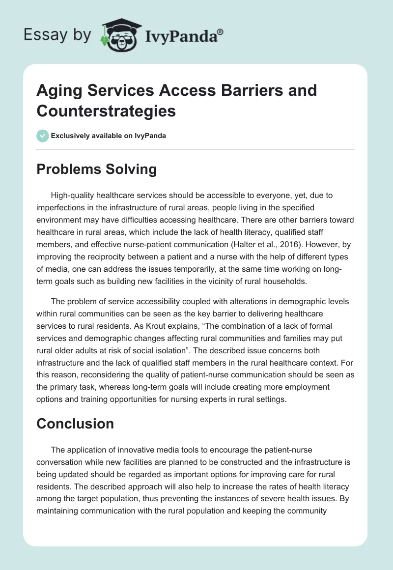 Aging Services Access Barriers and Counterstrategies. Page 1