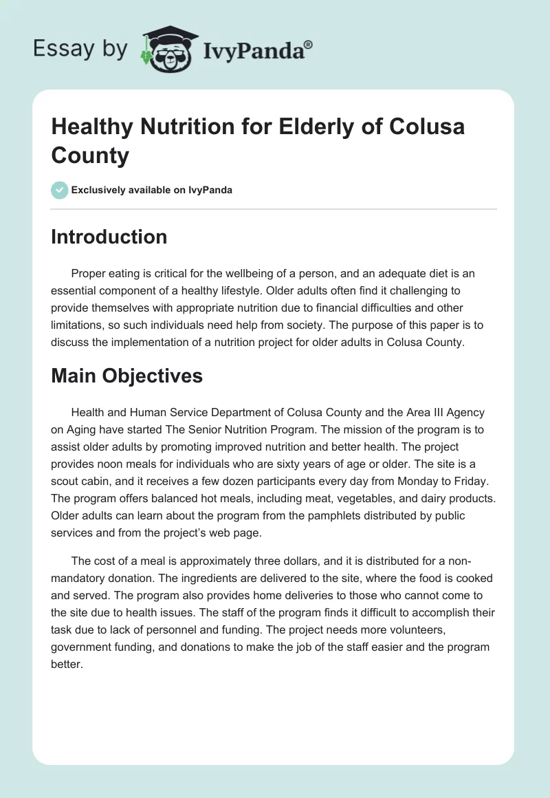 Healthy Nutrition for Elderly of Colusa County. Page 1