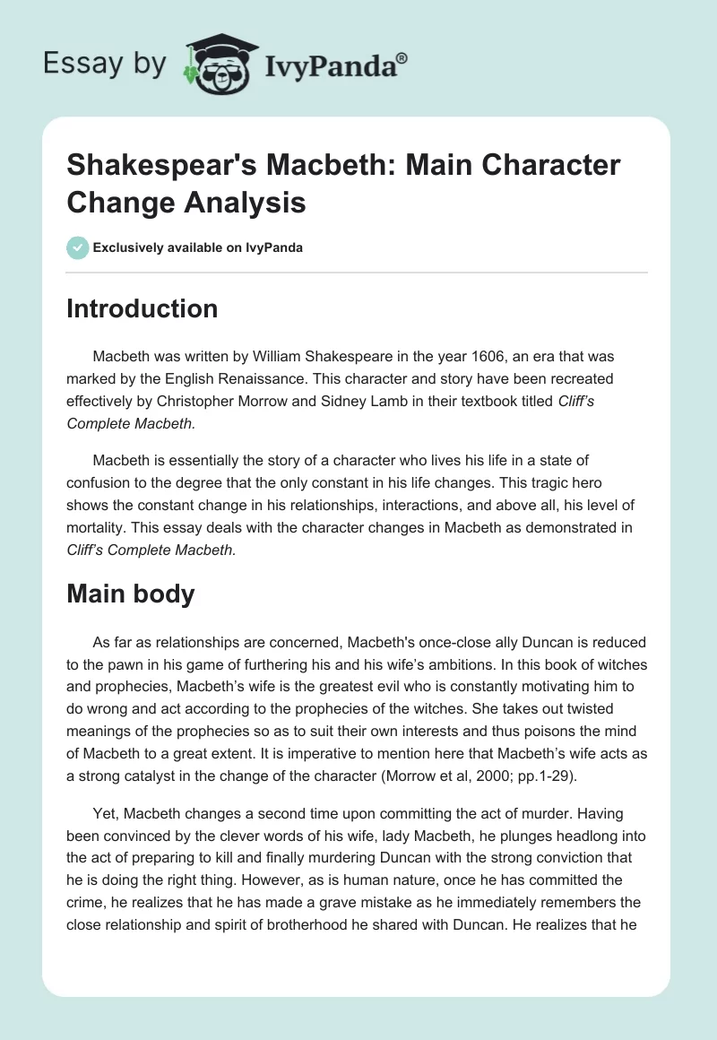 Shakespear's "Macbeth": Main Character Change Analysis. Page 1