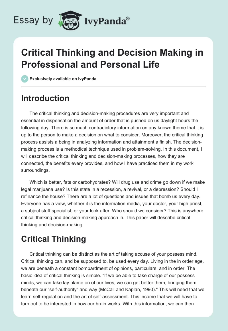 Critical Thinking and Decision Making in Professional and Personal Life. Page 1