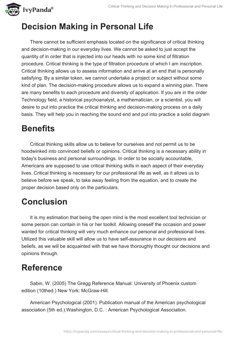 Critical Thinking and Decision Making in Professional and Personal Life. Page 4
