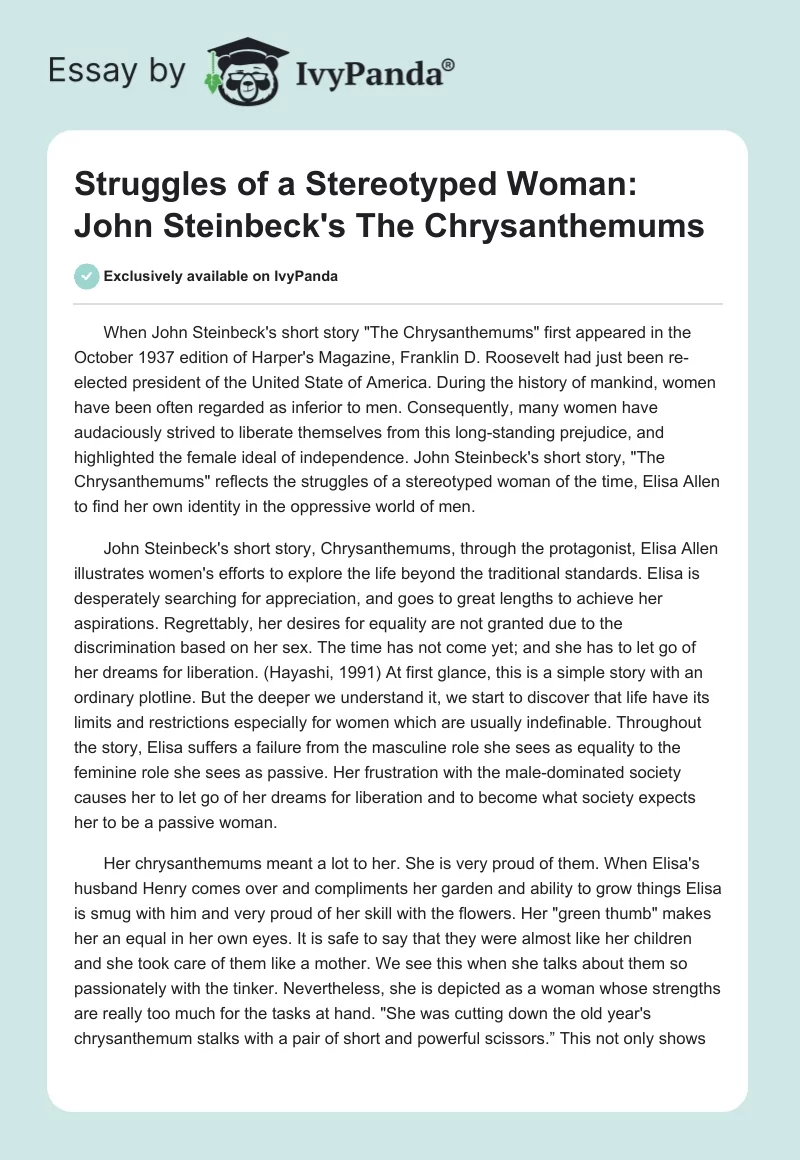 Struggles of a Stereotyped Woman: John Steinbeck's "The Chrysanthemums". Page 1