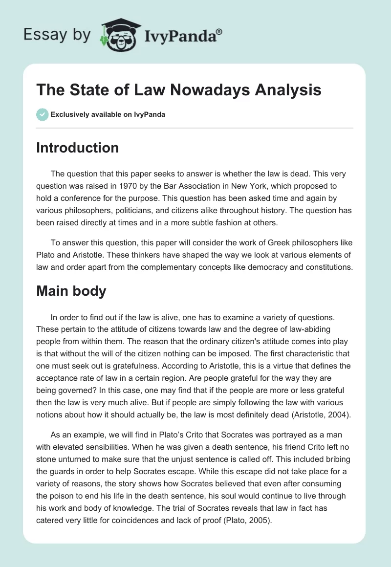 The State of Law Nowadays Analysis. Page 1