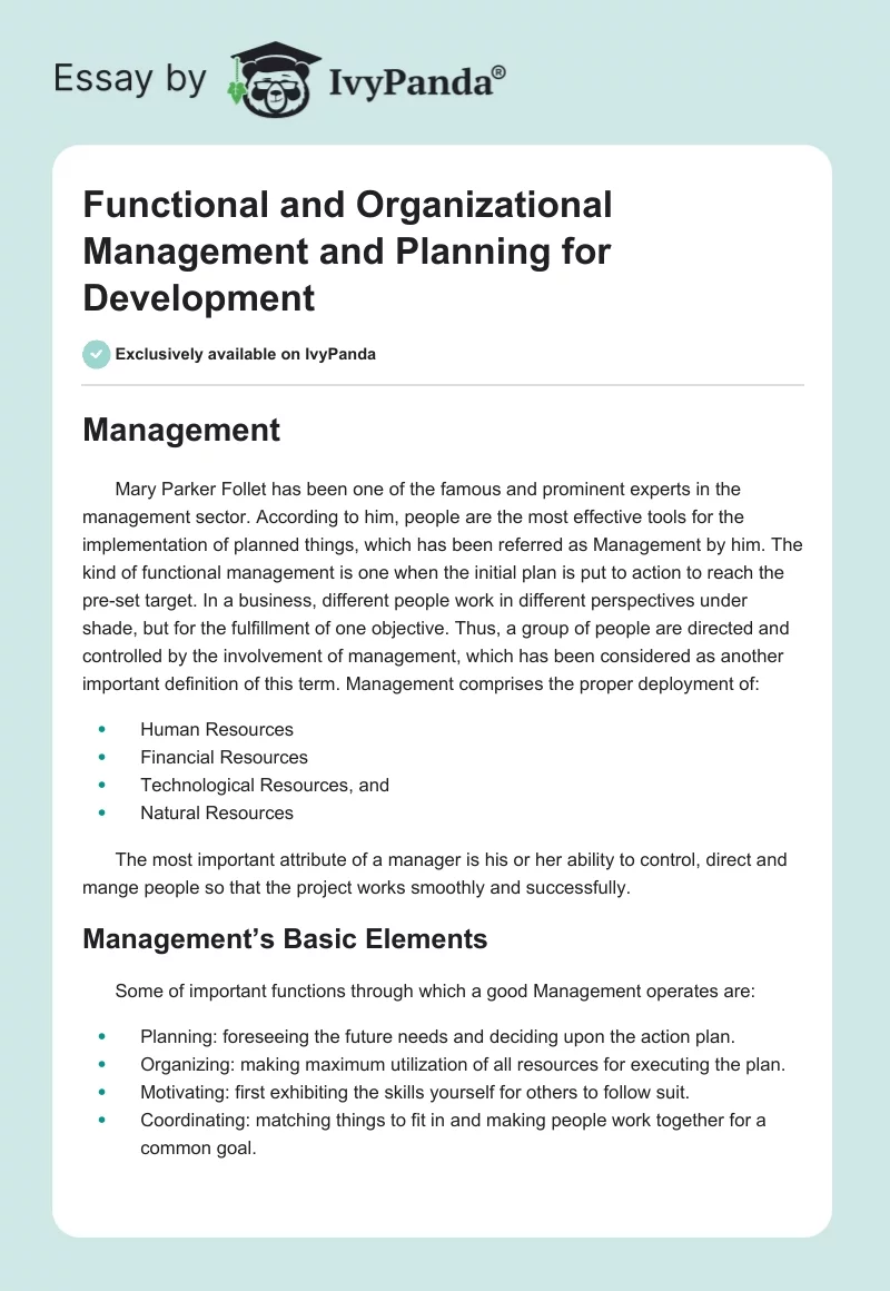 Functional and Organizational Management and Planning for Development. Page 1