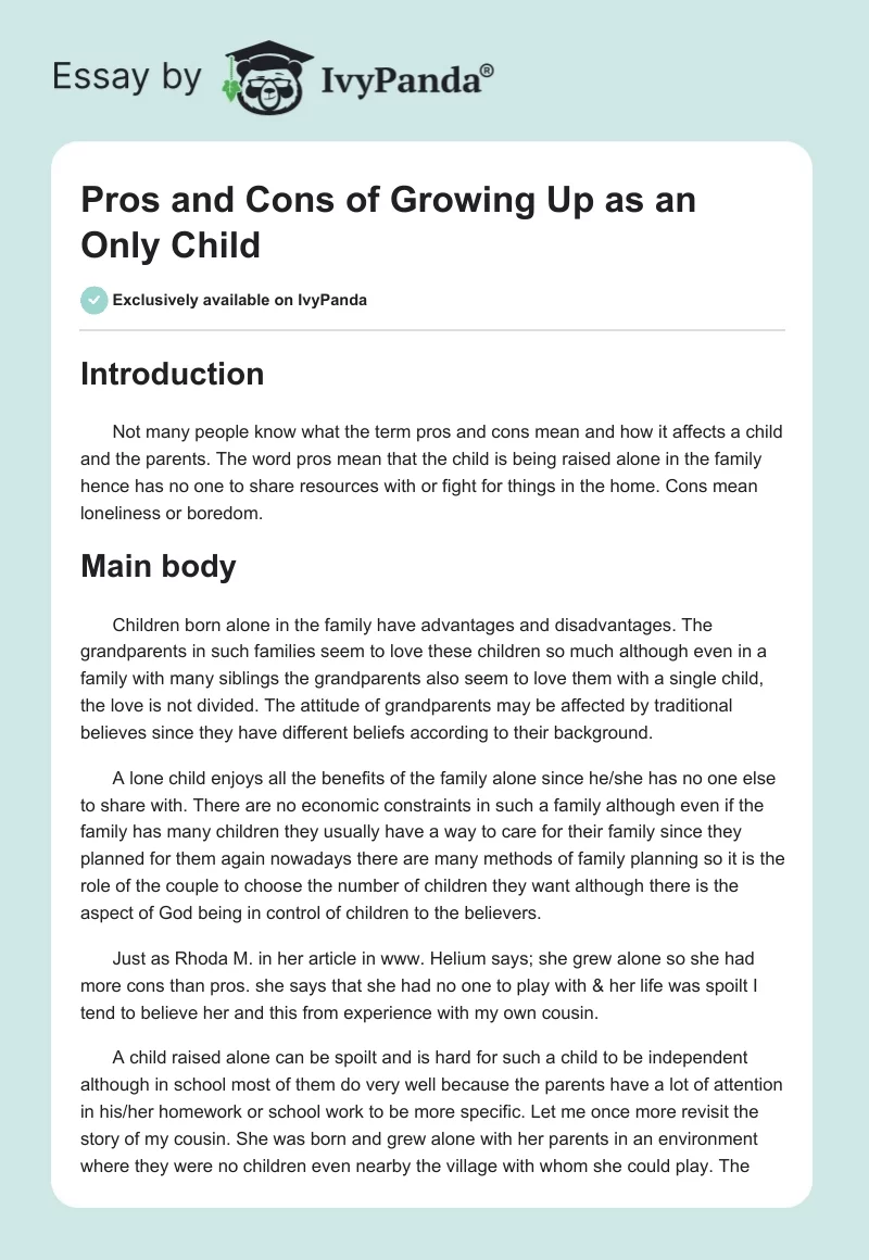 Pros and Cons of Growing Up as an Only Child. Page 1