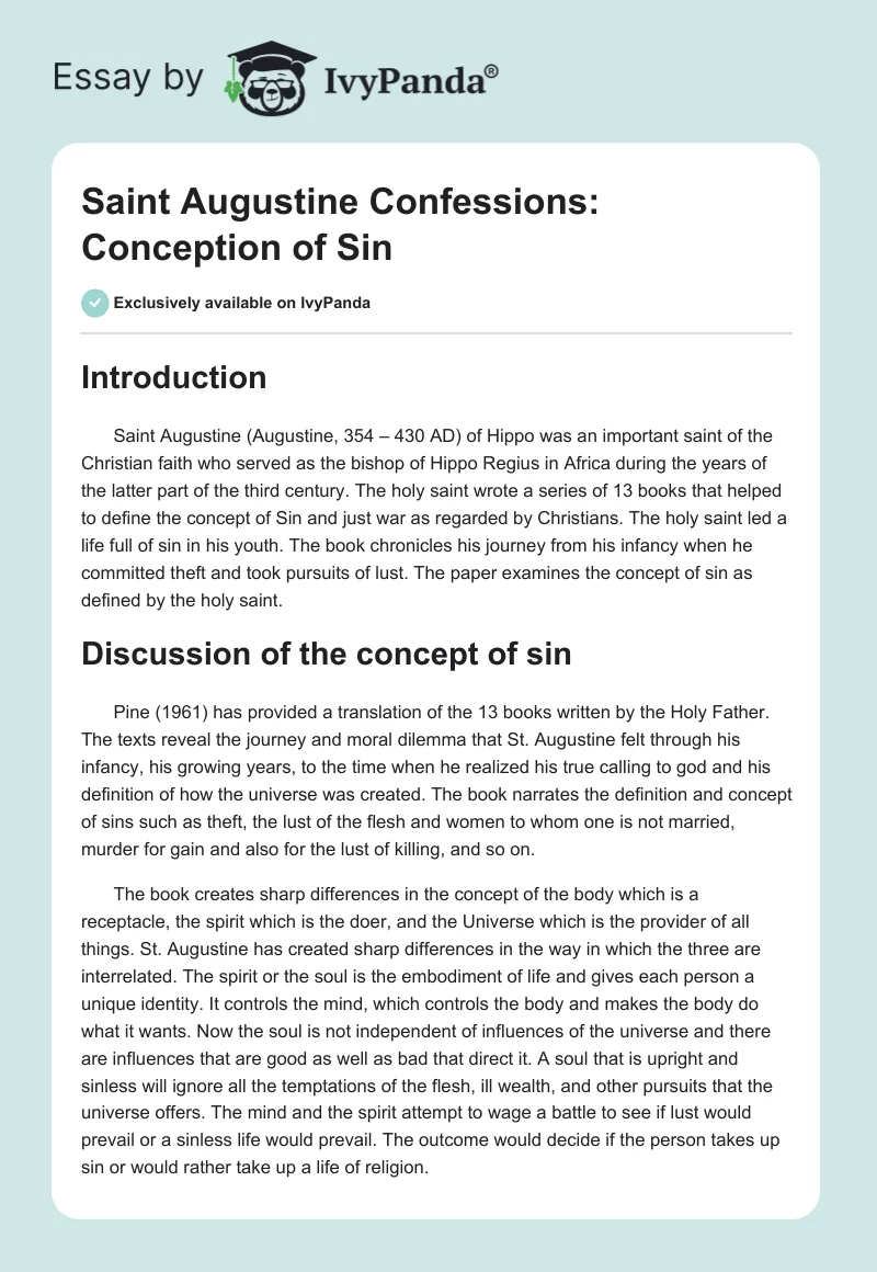 Saint Augustine Confessions: Conception of Sin. Page 1