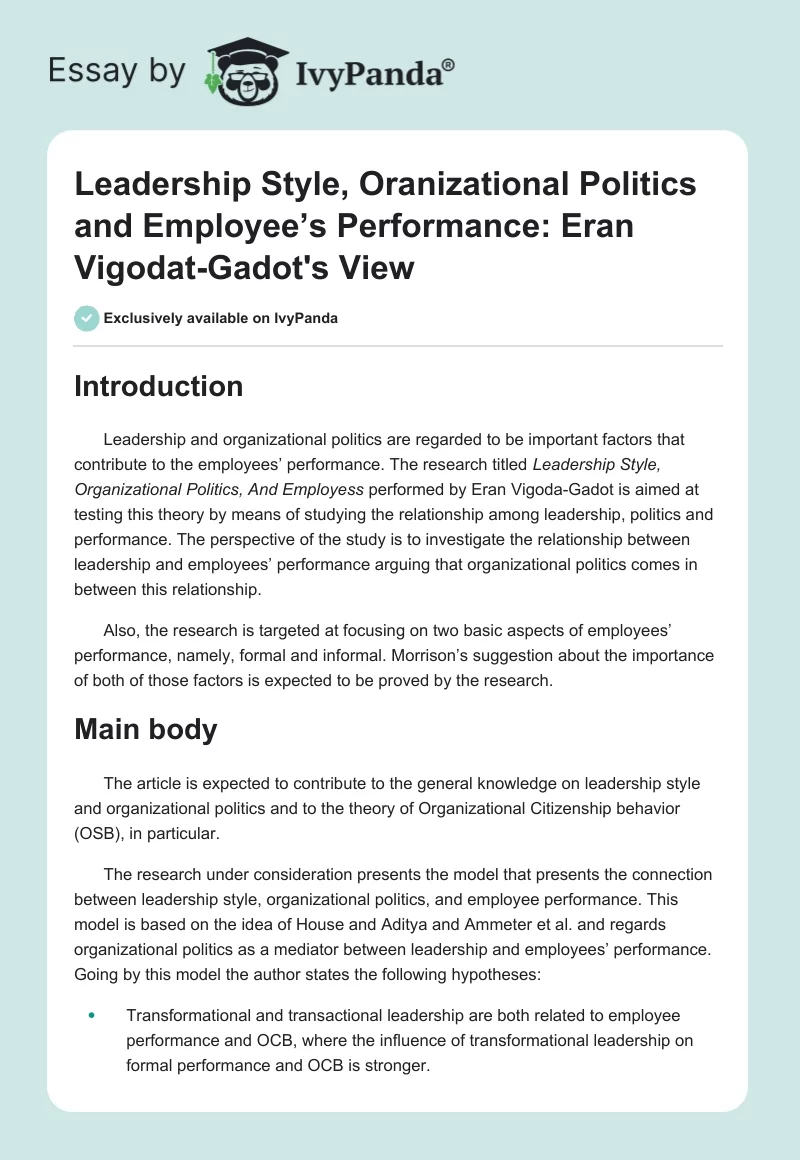 Leadership Style, Oranizational Politics and Employee’s Performance: Eran Vigodat-Gadot's View. Page 1