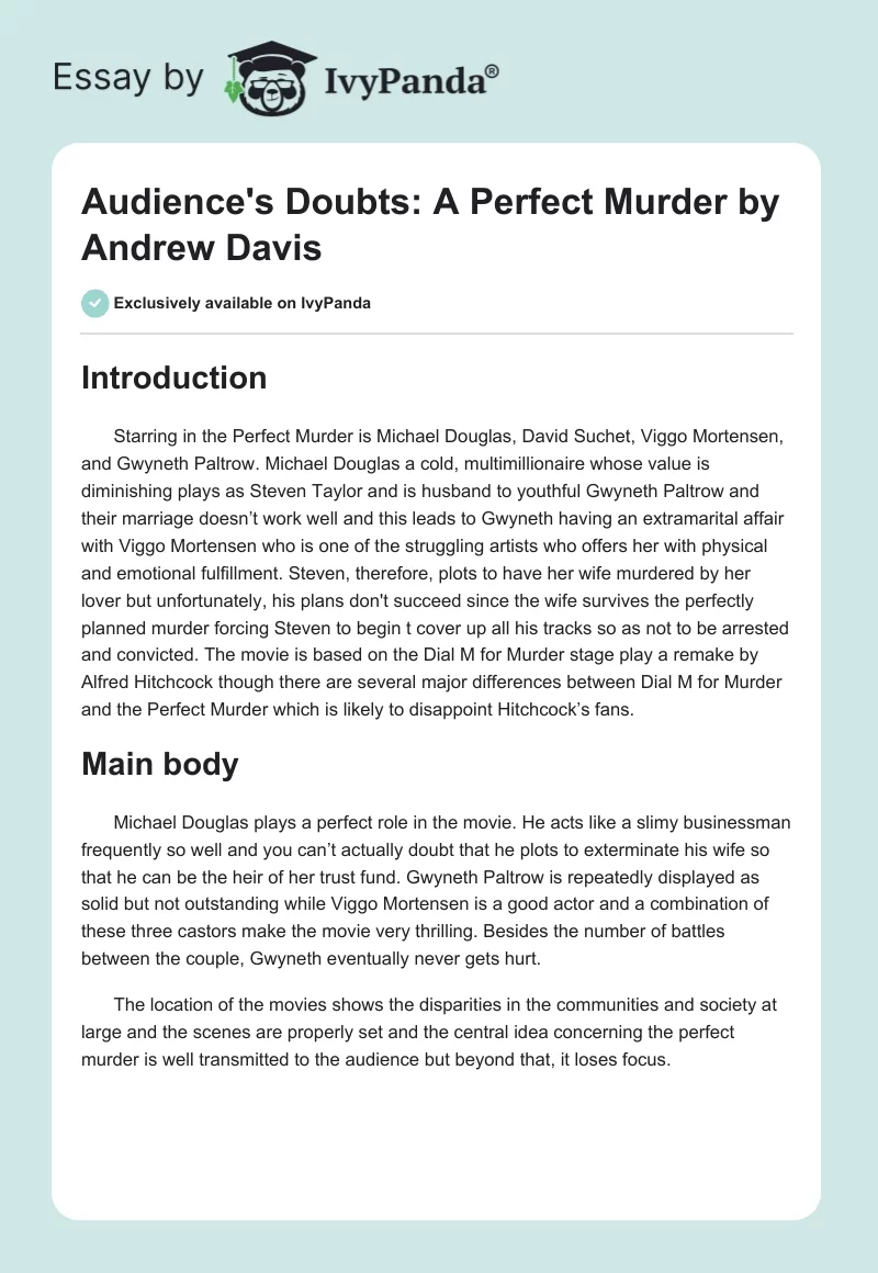 Audience's Doubts: "A Perfect Murder" by Andrew Davis. Page 1