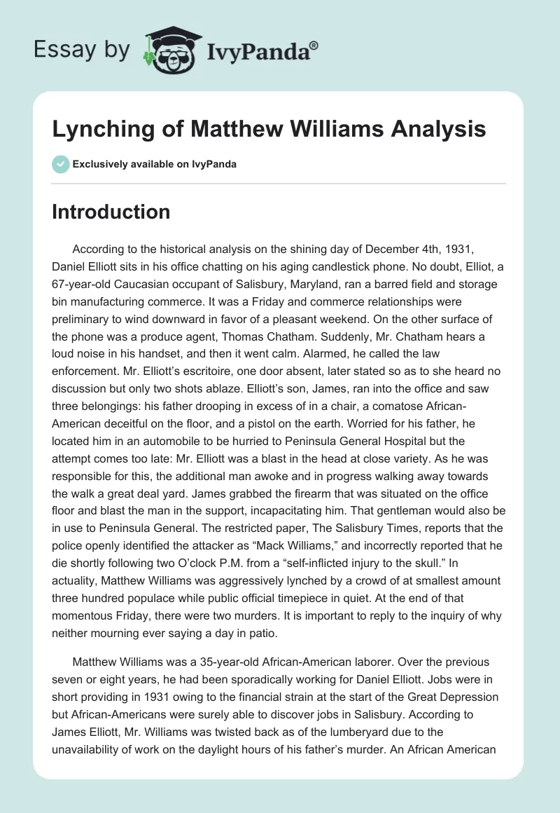 Lynching of Matthew Williams Analysis. Page 1