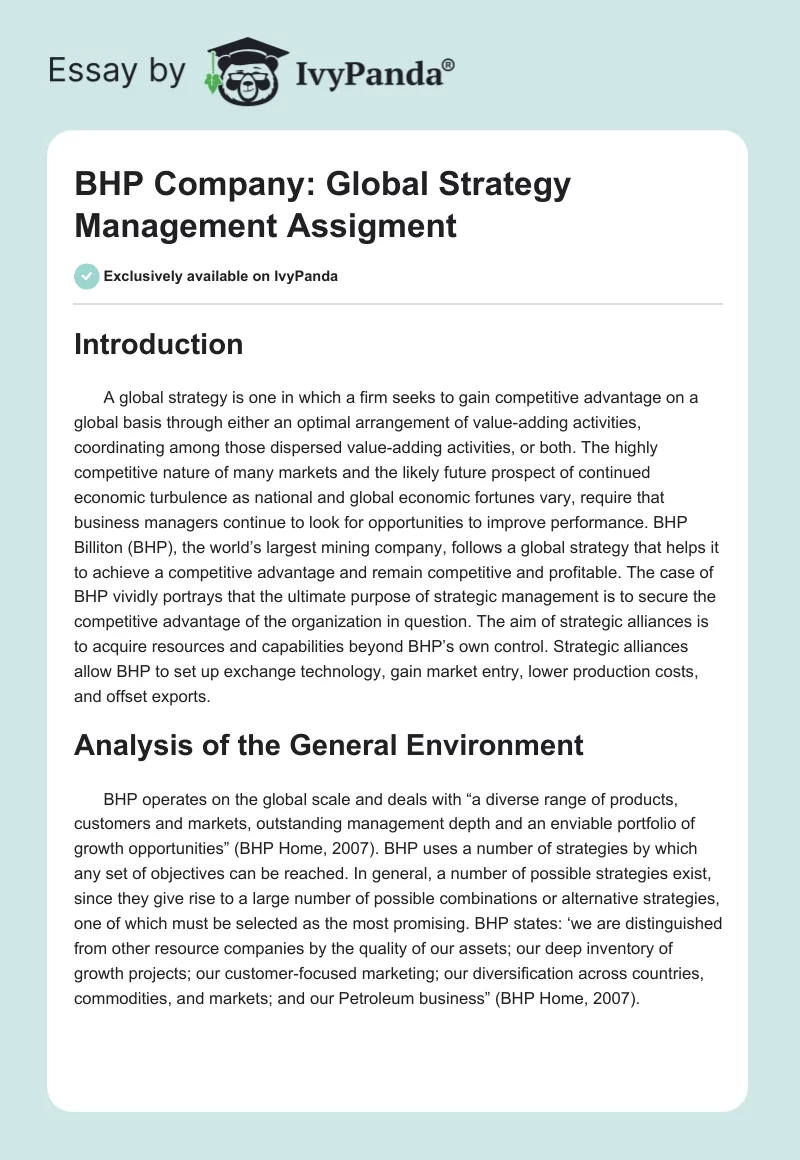 BHP Company: Global Strategy Management Assigment. Page 1