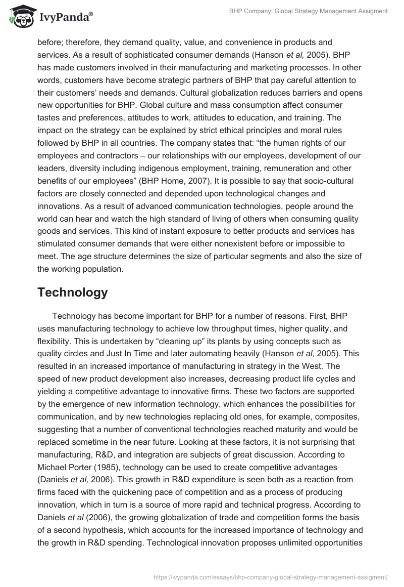 BHP Company: Global Strategy Management Assigment. Page 4