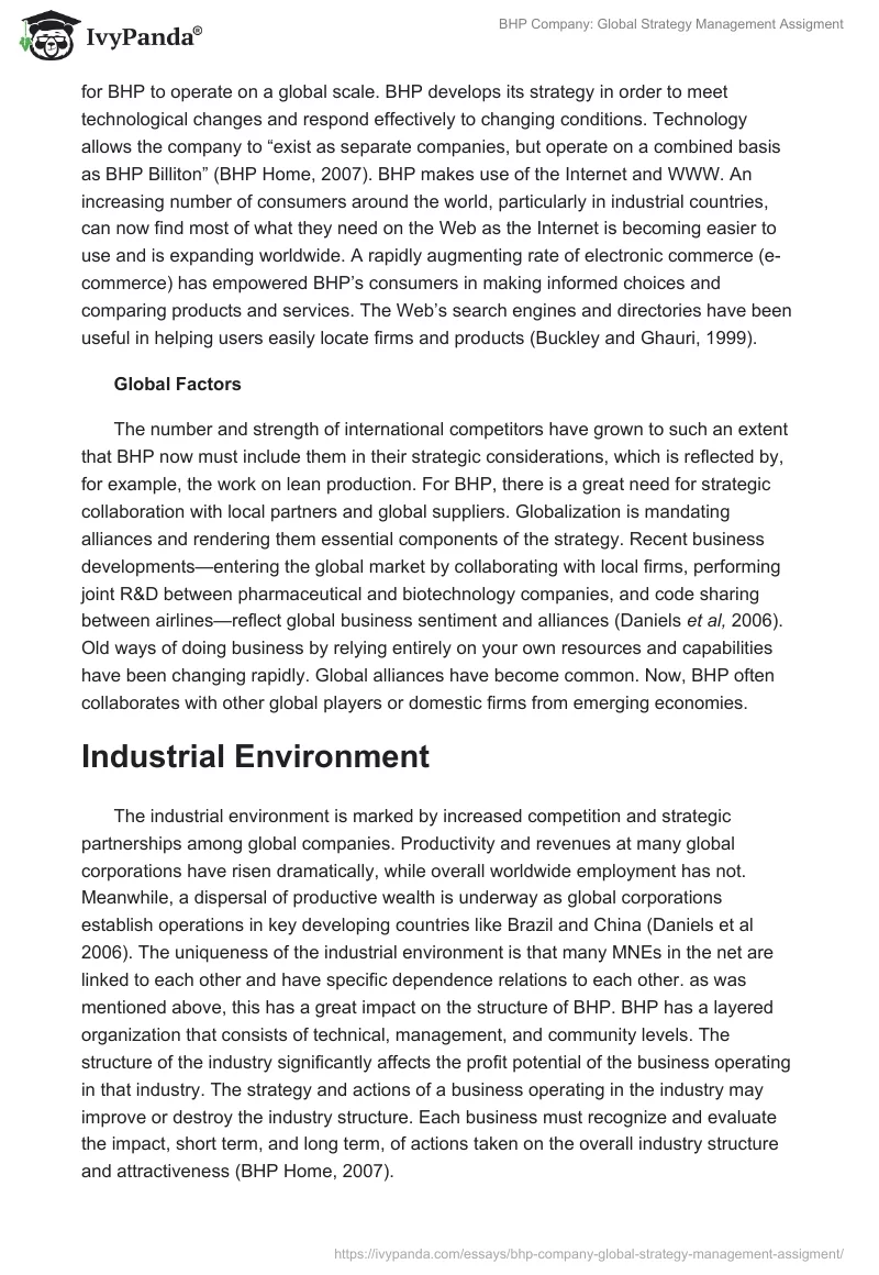 BHP Company: Global Strategy Management Assigment. Page 5