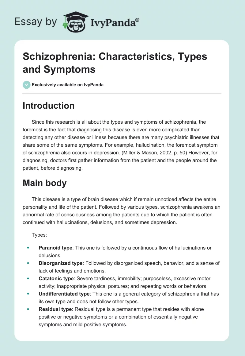 Schizophrenia: Characteristics, Types and Symptoms. Page 1