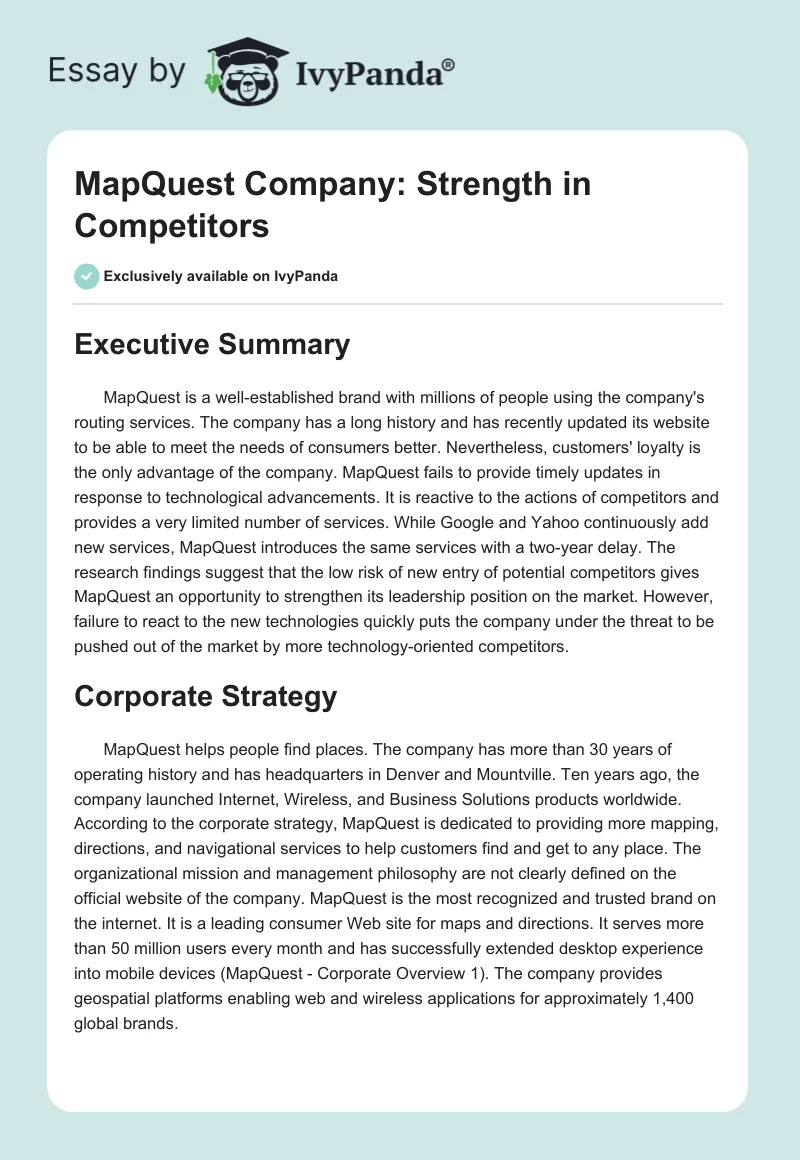 MapQuest Company: Strength in Competitors. Page 1