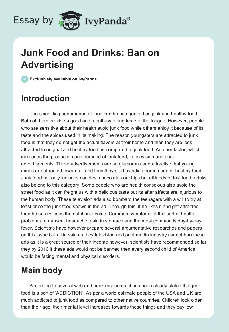Junk Food and Drinks: Ban on Advertising. Page 1