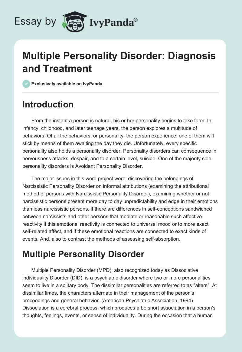 Multiple Personality Disorder: Diagnosis and Treatment. Page 1