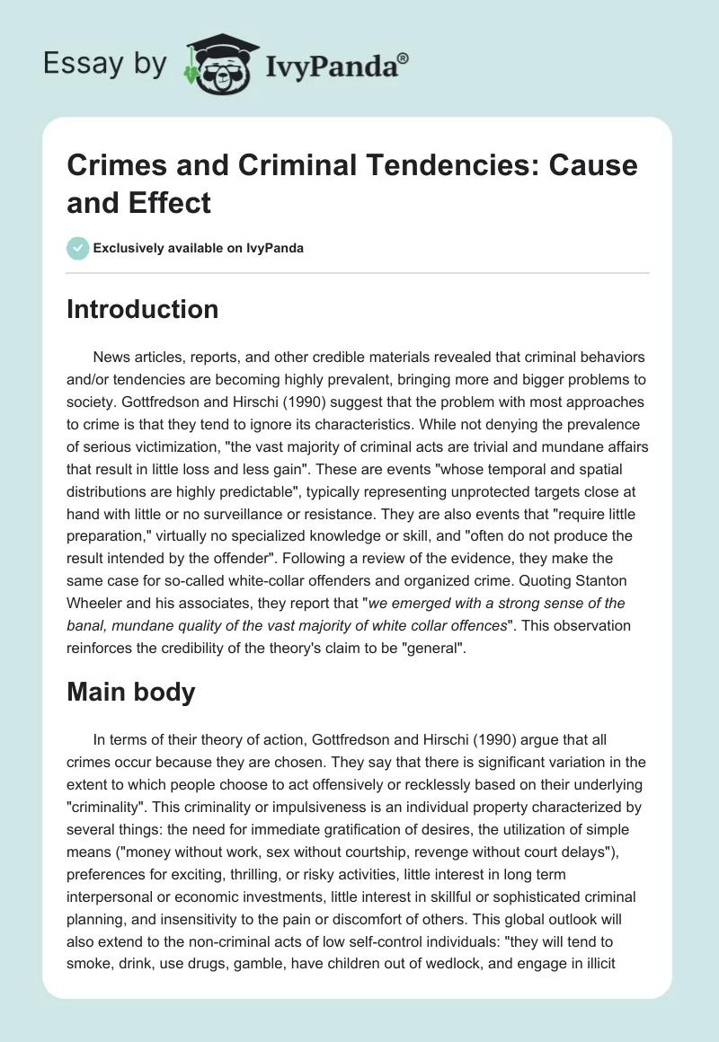 Crimes and Criminal Tendencies: Cause and Effect. Page 1
