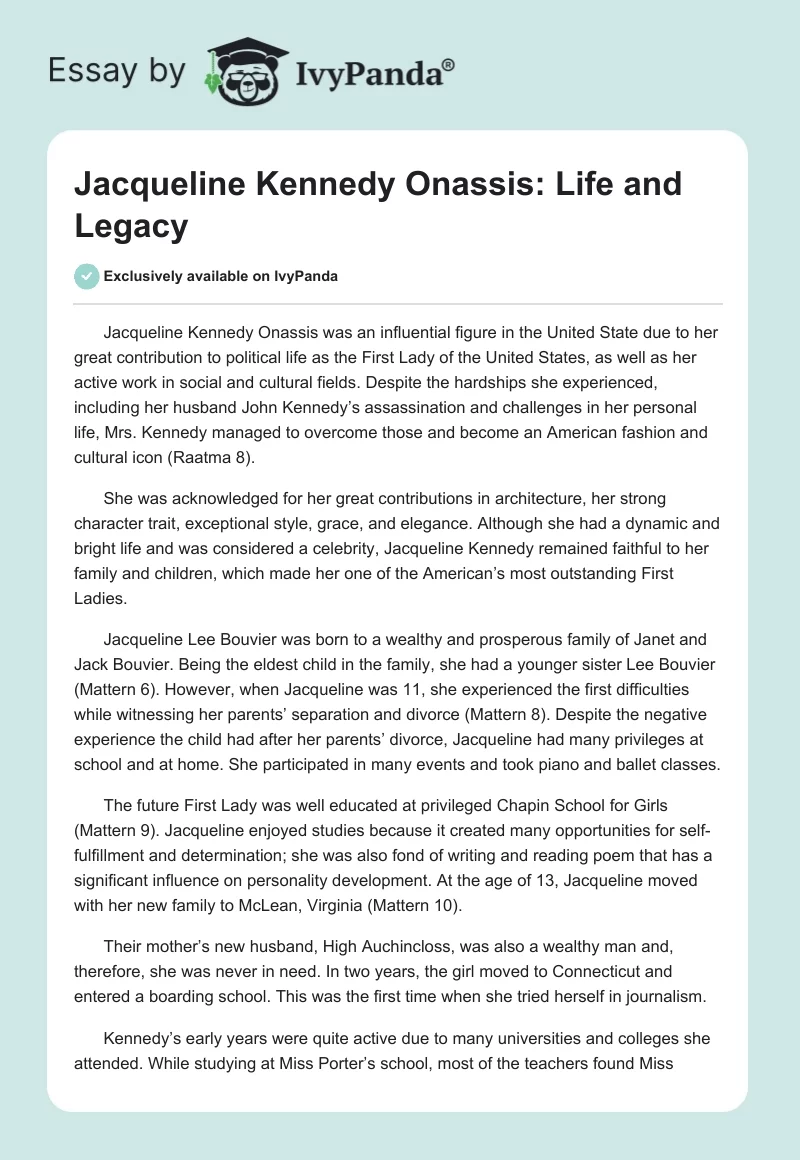 Jacqueline Kennedy Onassis: Life and Legacy. Page 1