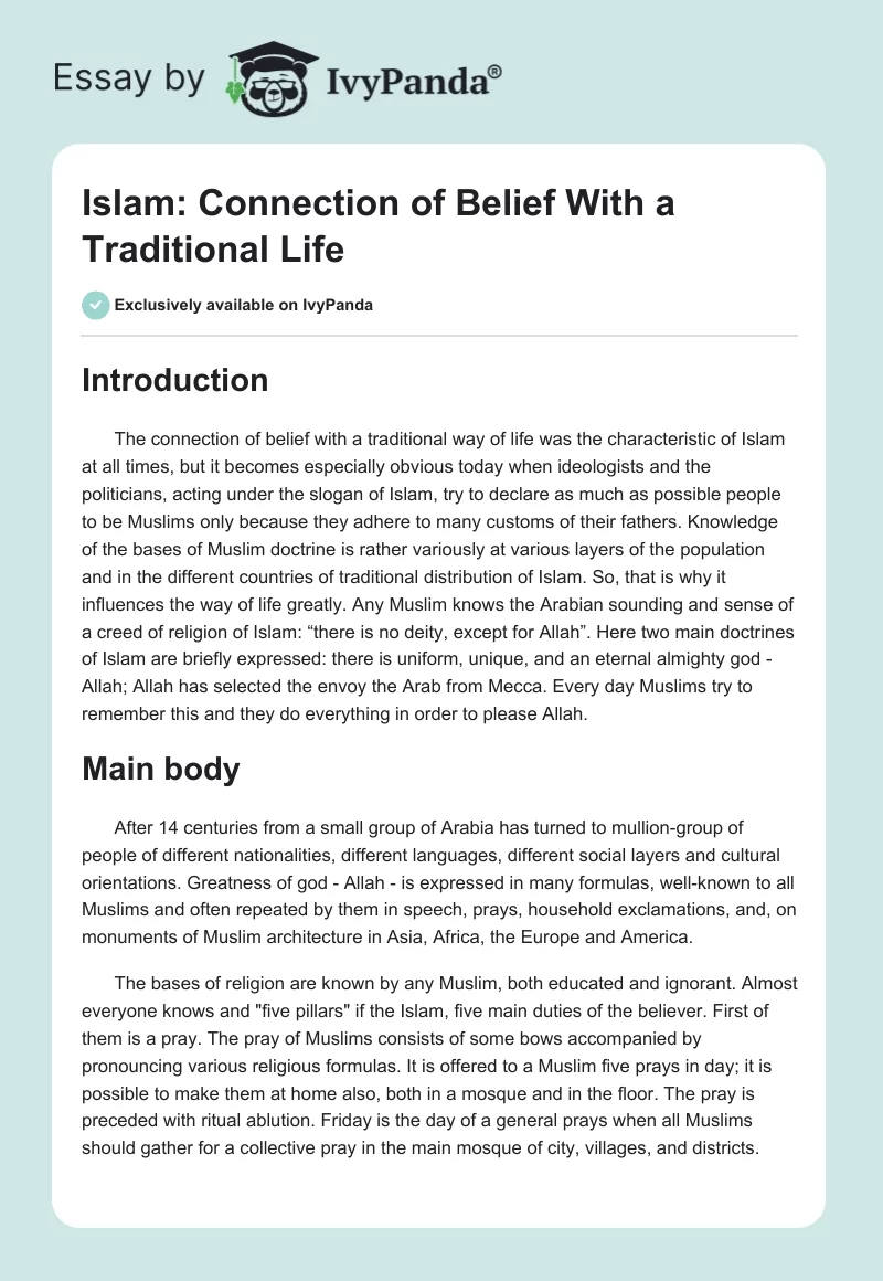 Islam: Connection of Belief With a Traditional Life. Page 1