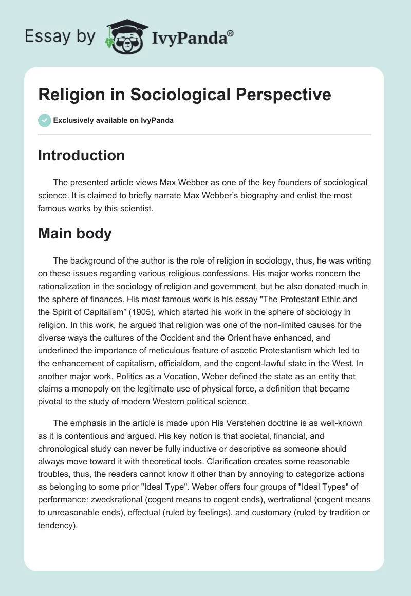 Religion in Sociological Perspective. Page 1
