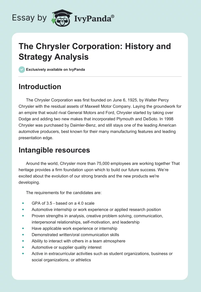 The Chrysler Corporation: History and Strategy Analysis. Page 1