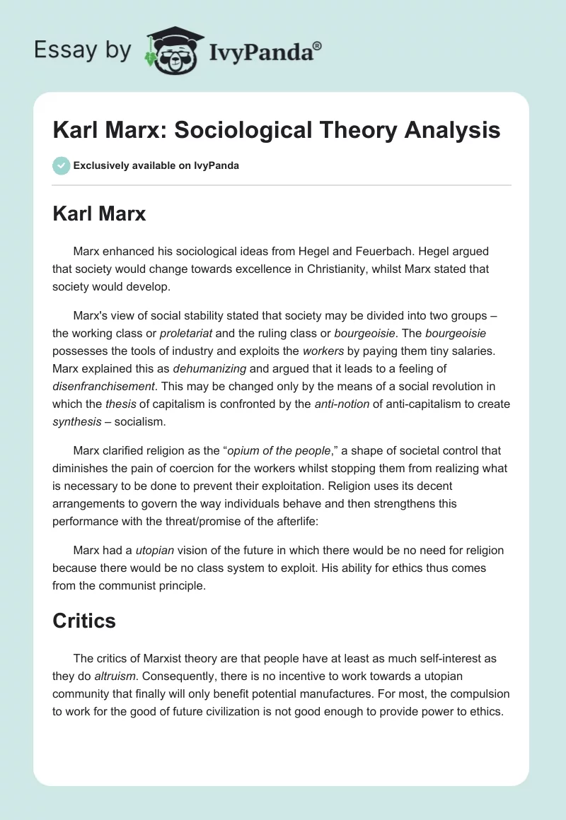 Karl Marx: Sociological Theory Analysis. Page 1