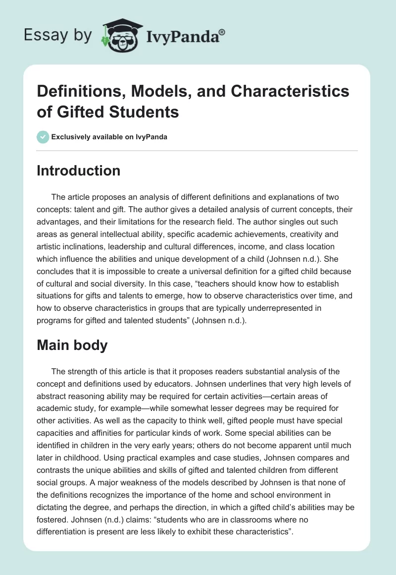 Definitions, Models, and Characteristics of Gifted Students. Page 1