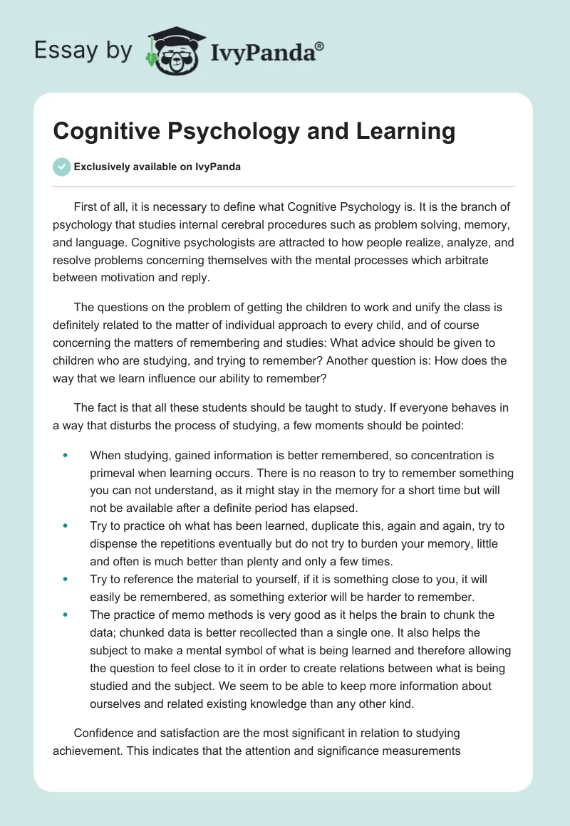100 words essay on cognitive psychology