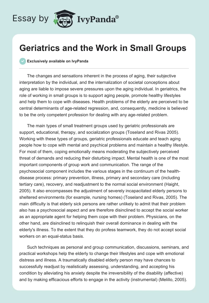 Geriatrics and the Work in Small Groups. Page 1