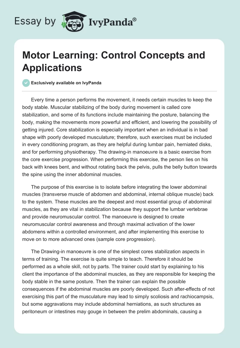 Motor Learning: Control Concepts and Applications. Page 1