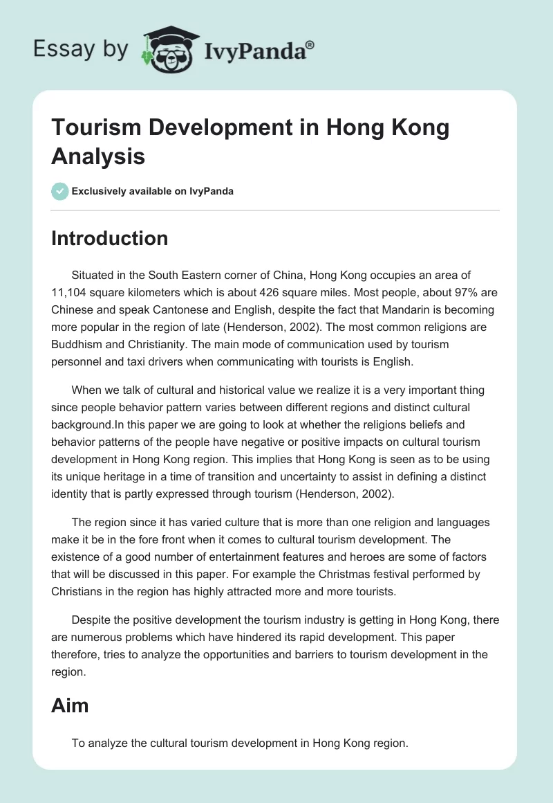 Tourism Development in Hong Kong Analysis. Page 1