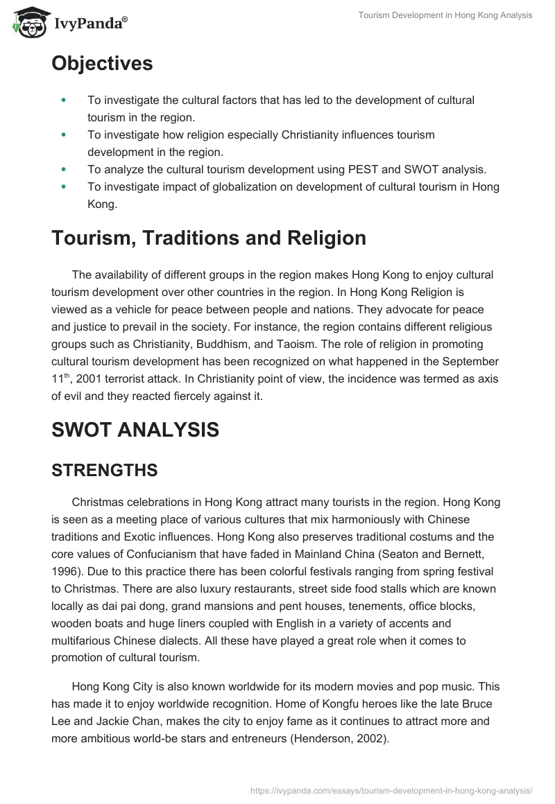 Tourism Development in Hong Kong Analysis. Page 2