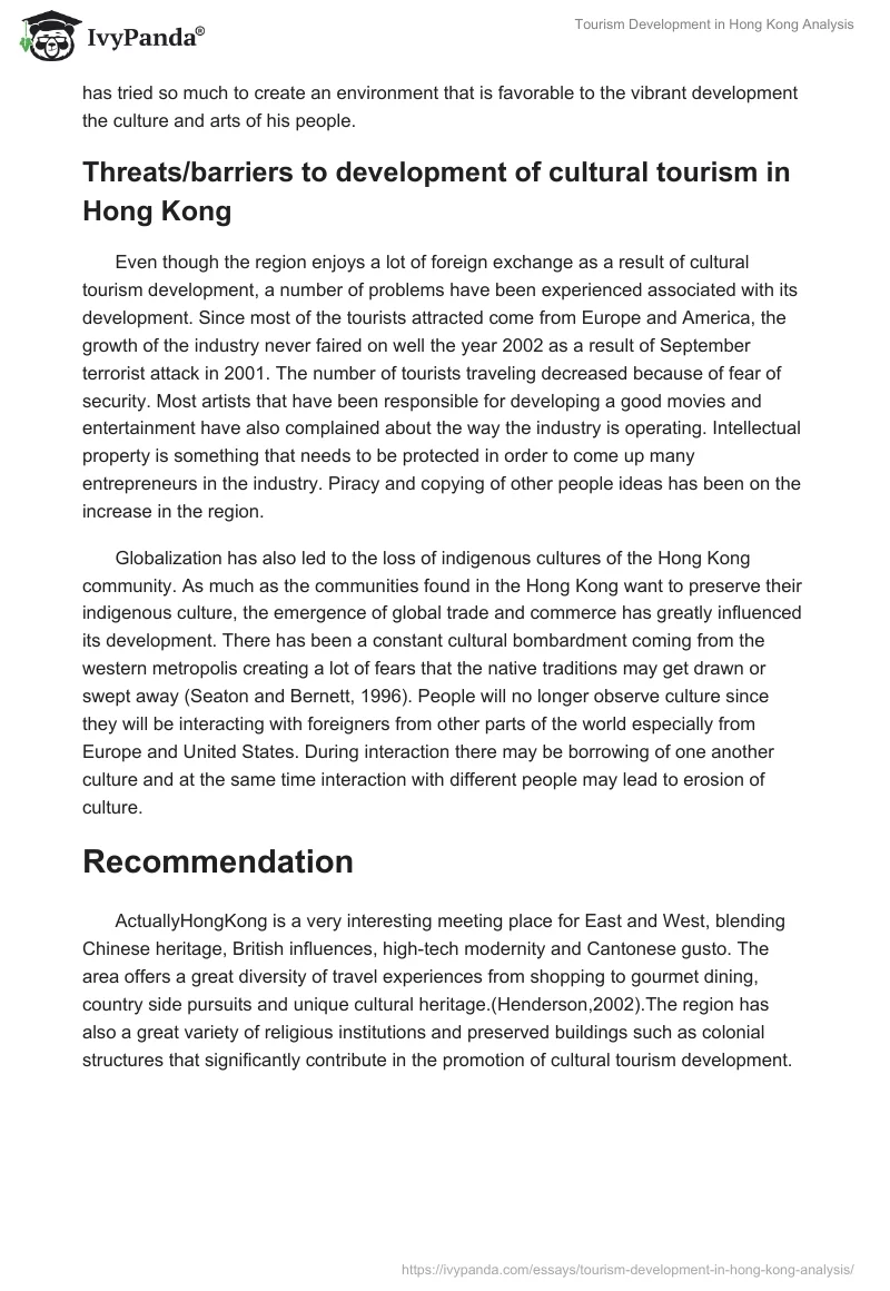 Tourism Development in Hong Kong Analysis. Page 4