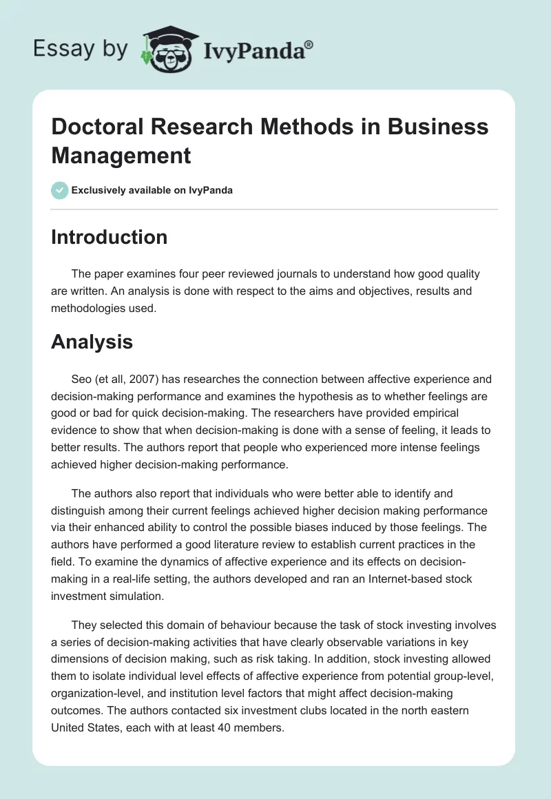 Doctoral Research Methods in Business Management. Page 1