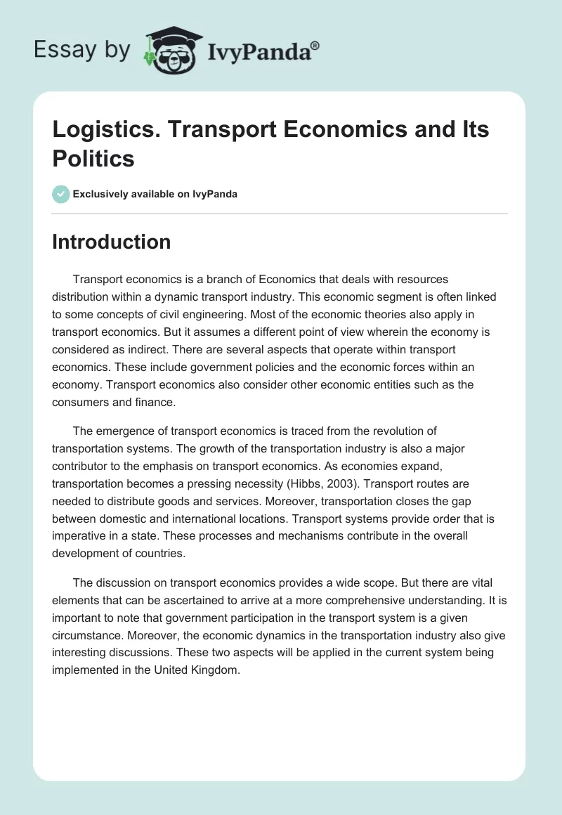 Logistics. Transport Economics and Its Politics. Page 1