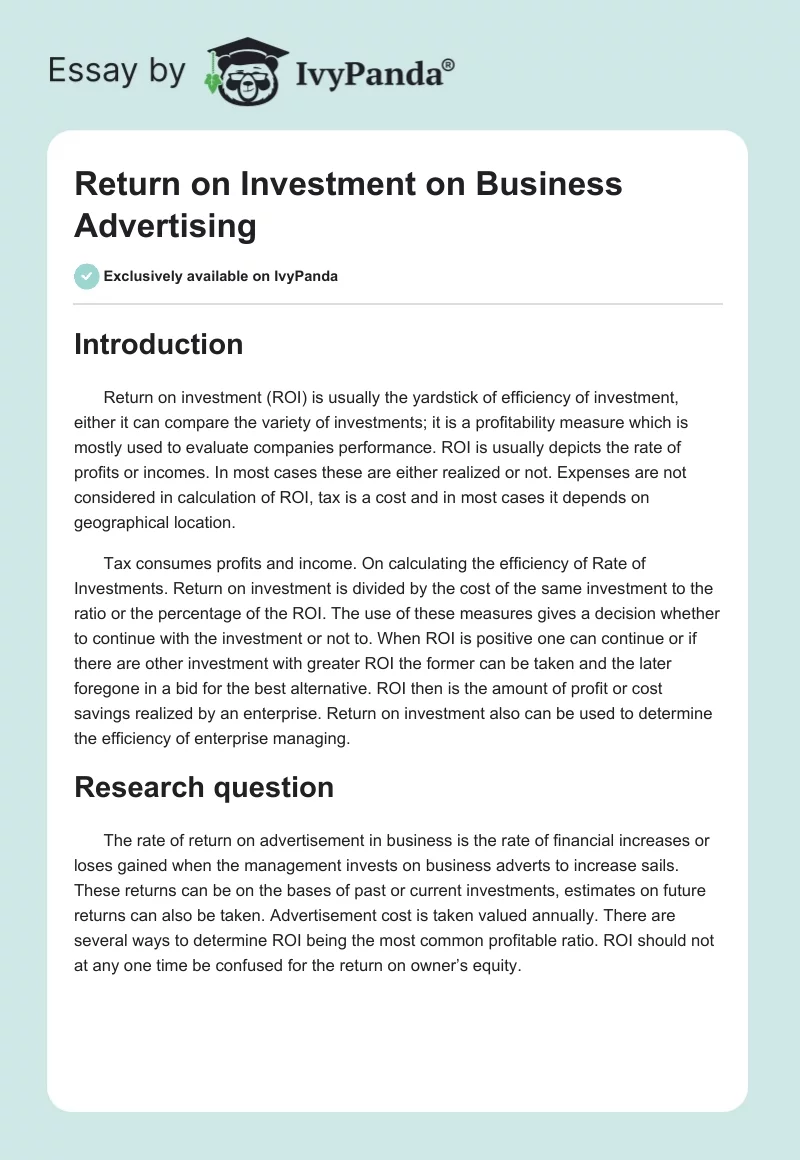 Return on Investment on Business Advertising. Page 1