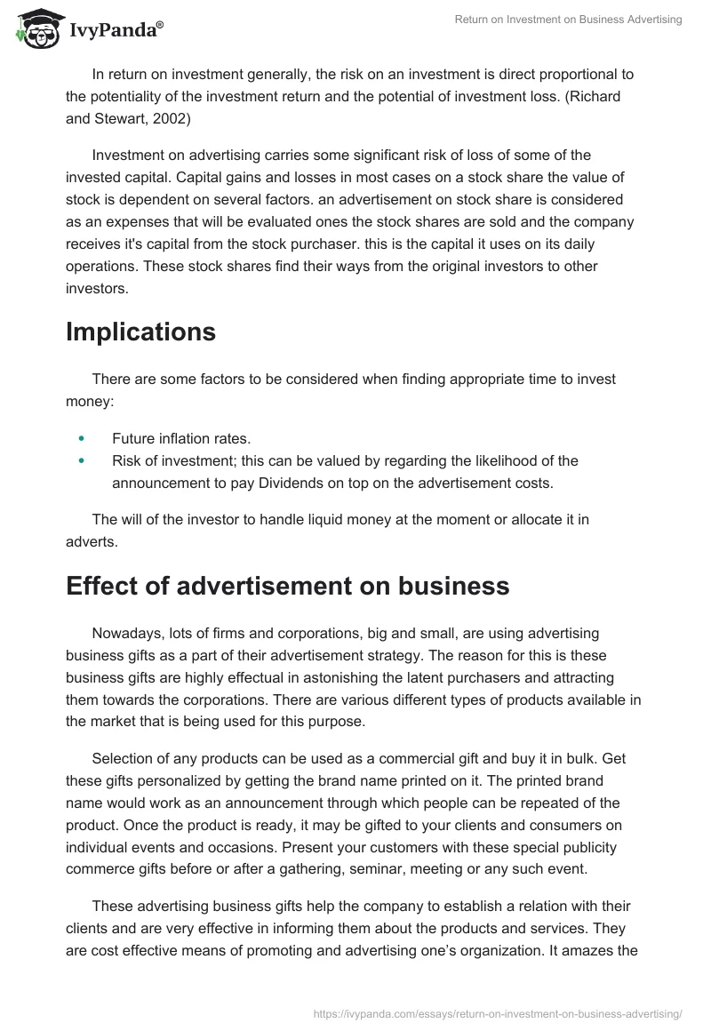 Return on Investment on Business Advertising. Page 4