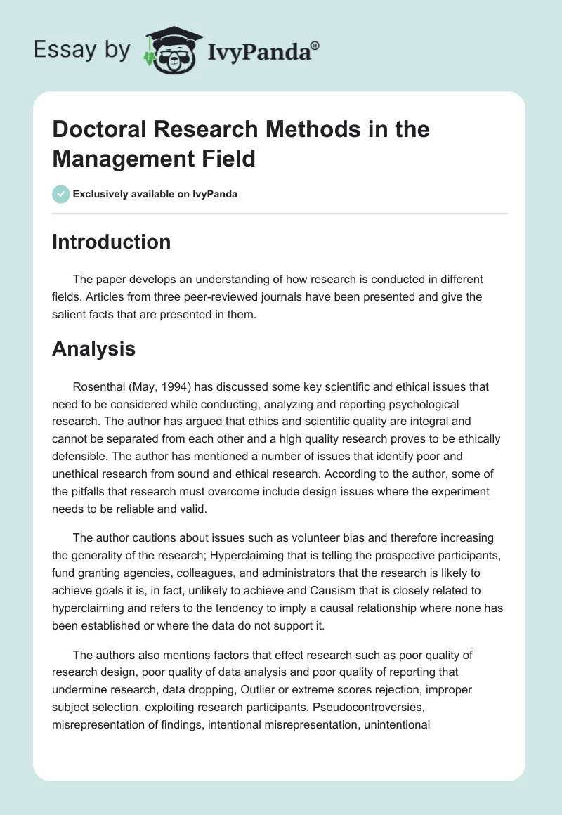 Doctoral Research Methods in the Management Field. Page 1