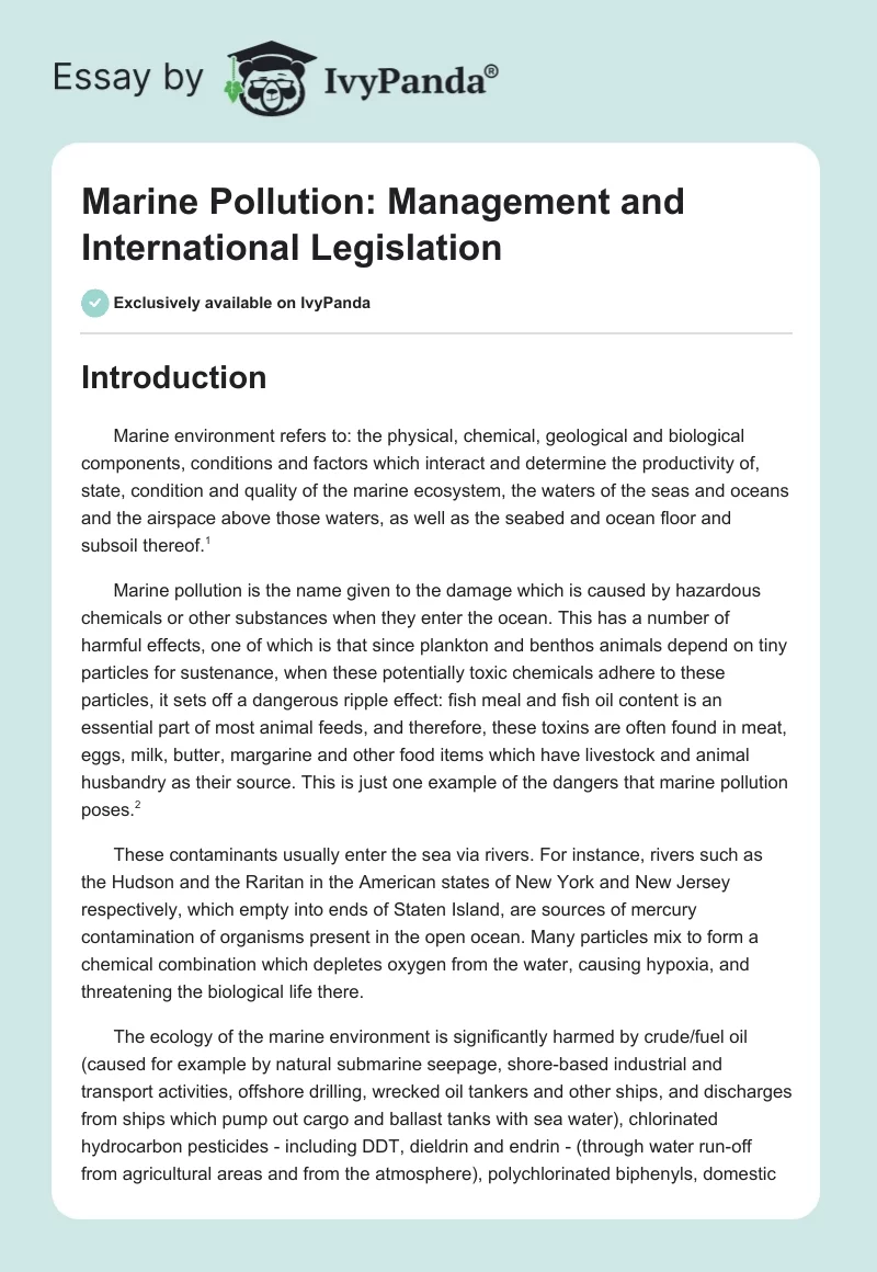 Marine Pollution: Management and International Legislation. Page 1