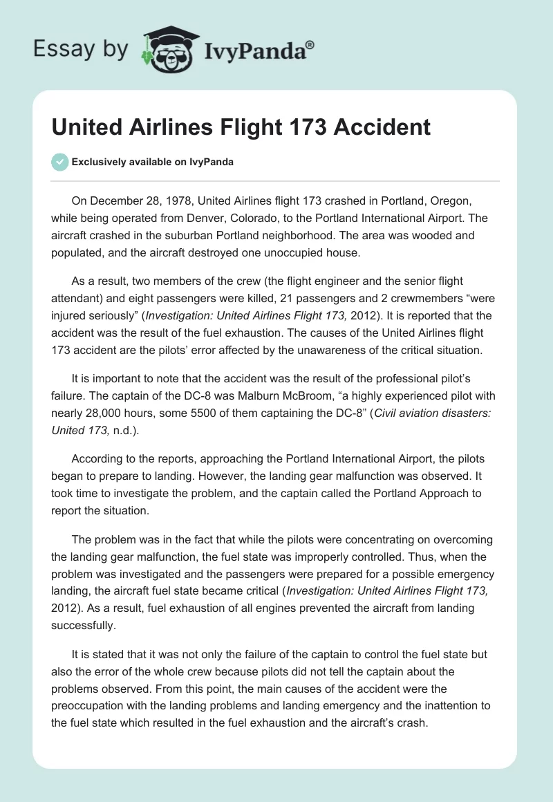 United Airlines Flight 173 Accident. Page 1