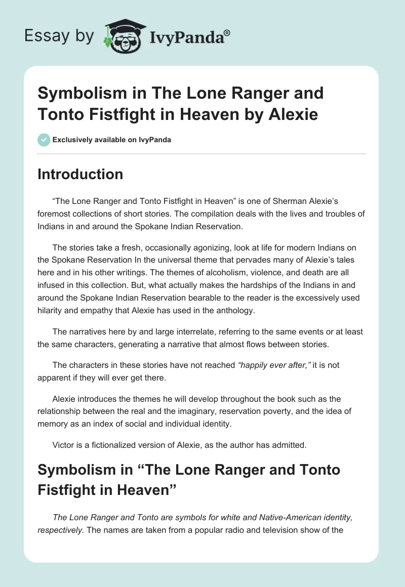 Symbolism in The Lone Ranger and Tonto Fistfight in Heaven by Alexie. Page 1