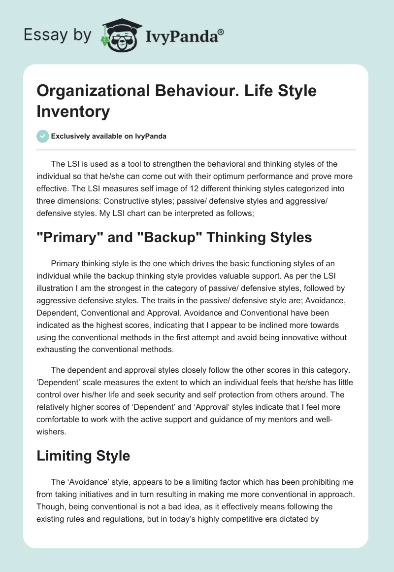 Organizational Behaviour. Life Style Inventory. Page 1