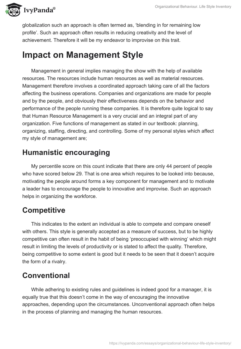 Organizational Behaviour. Life Style Inventory. Page 2