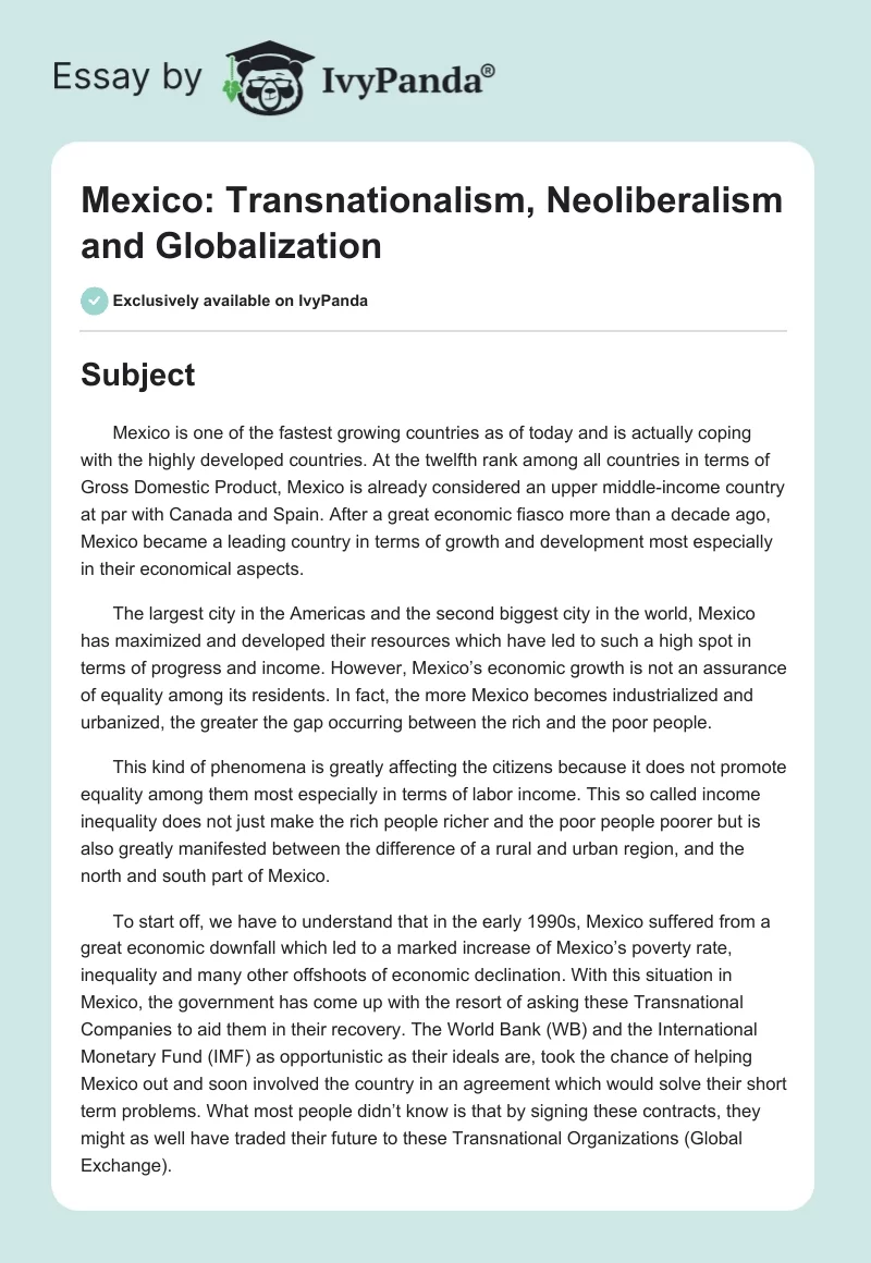 Mexico: Transnationalism, Neoliberalism and Globalization. Page 1