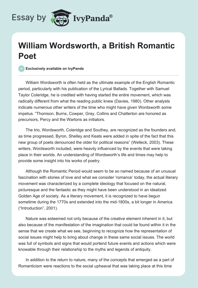 William Wordsworth, a British Romantic Poet. Page 1