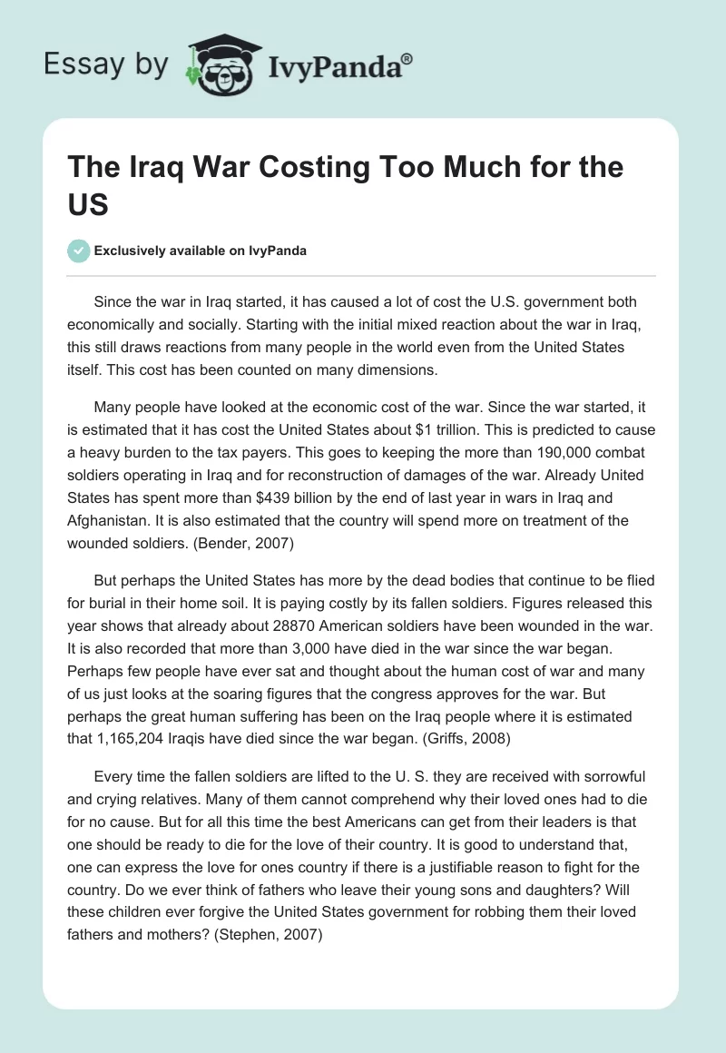 The Iraq War Costing Too Much for the US. Page 1