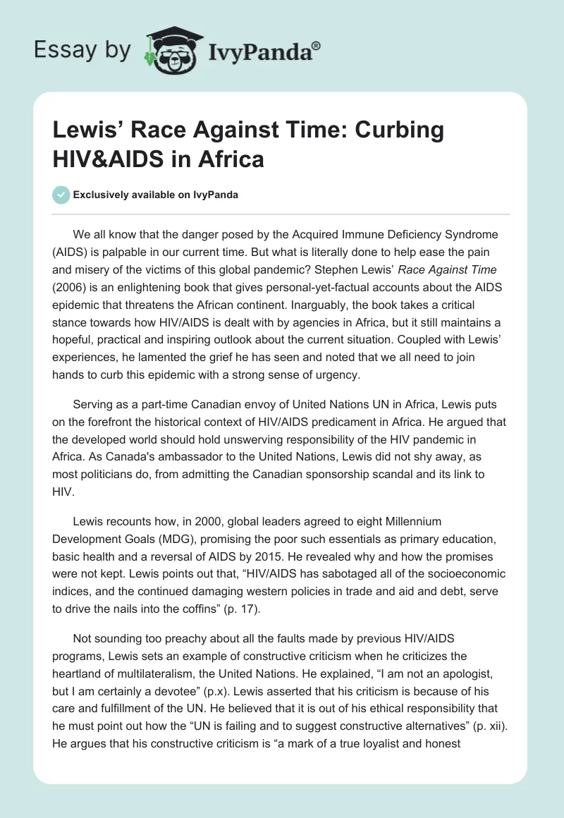 Lewis’ Race Against Time: Curbing HIV&AIDS in Africa. Page 1